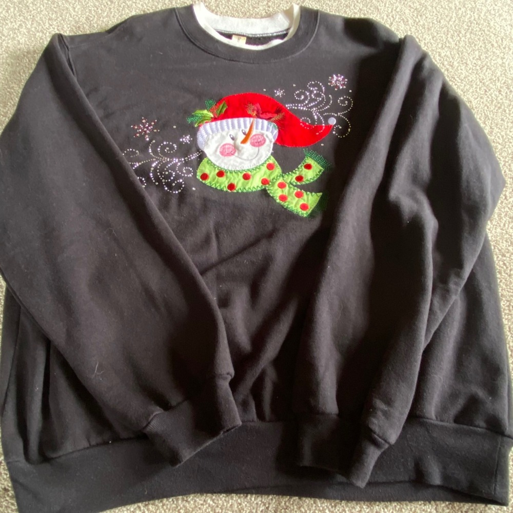 Decorated Originals Snowman Christmas Sweatshirt Womens Large Black‎ Rhinestone